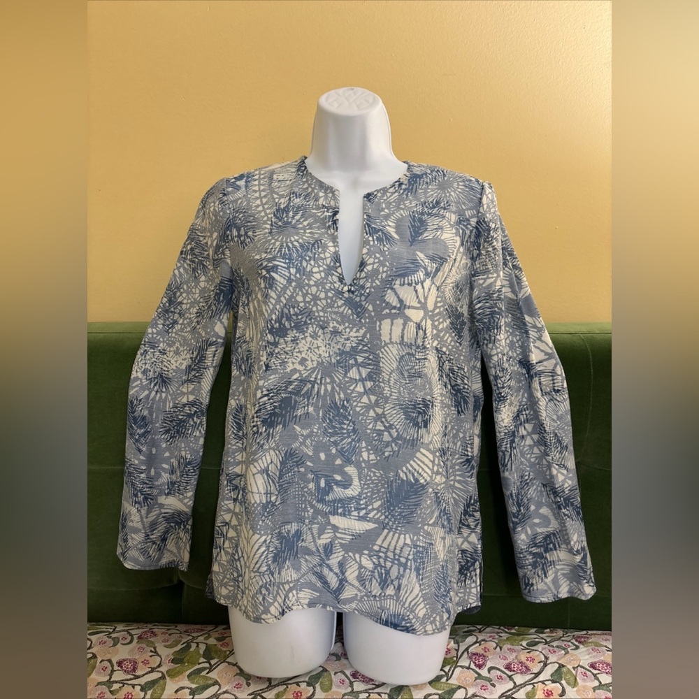 Tory Burch Blue Tunic-Style Top Blouse Size 2 Long Sleeve Lightweight Sheer Soft